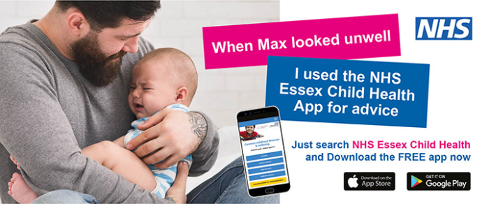 Man holding a crying baby "When max looked unwell I used the NHS Child health app for advice"